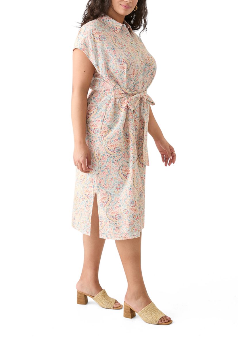 Plus Size Printed Button Front Tie Waist Midi Dress