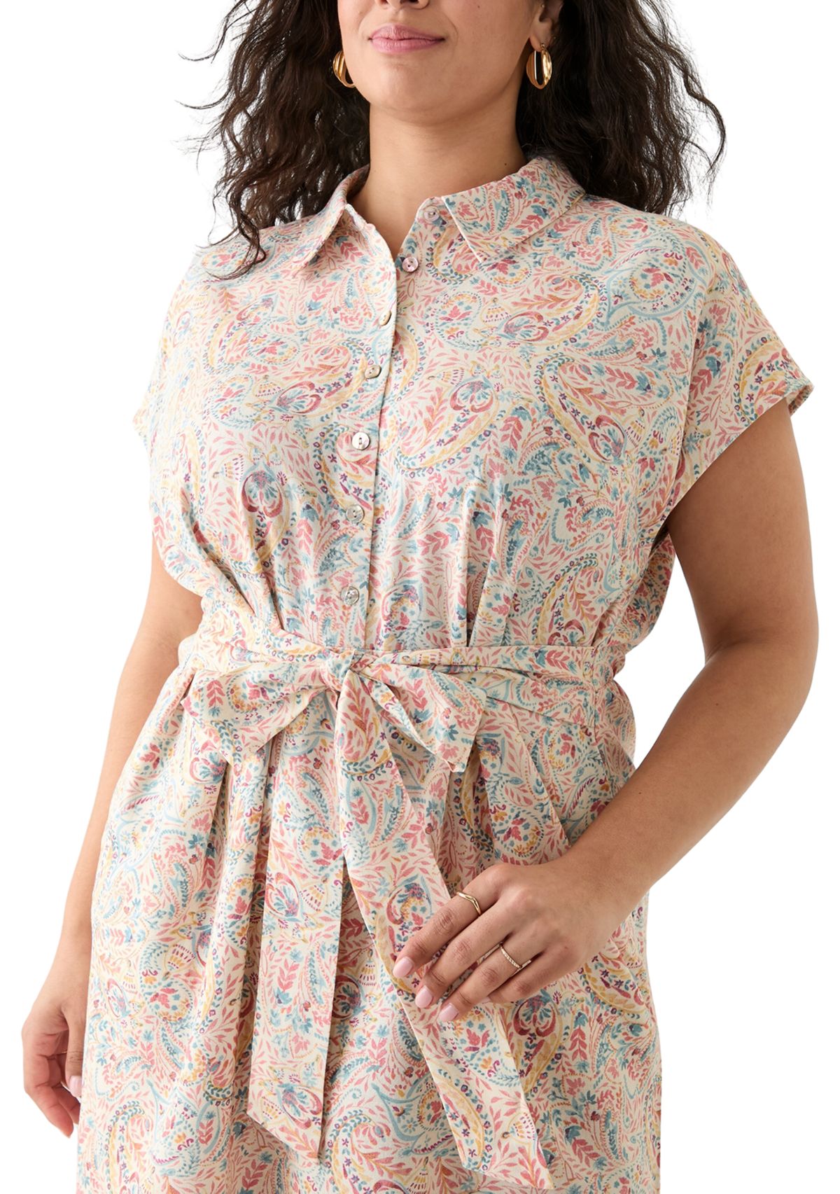 Plus Size Printed Button Front Tie Waist Midi Dress