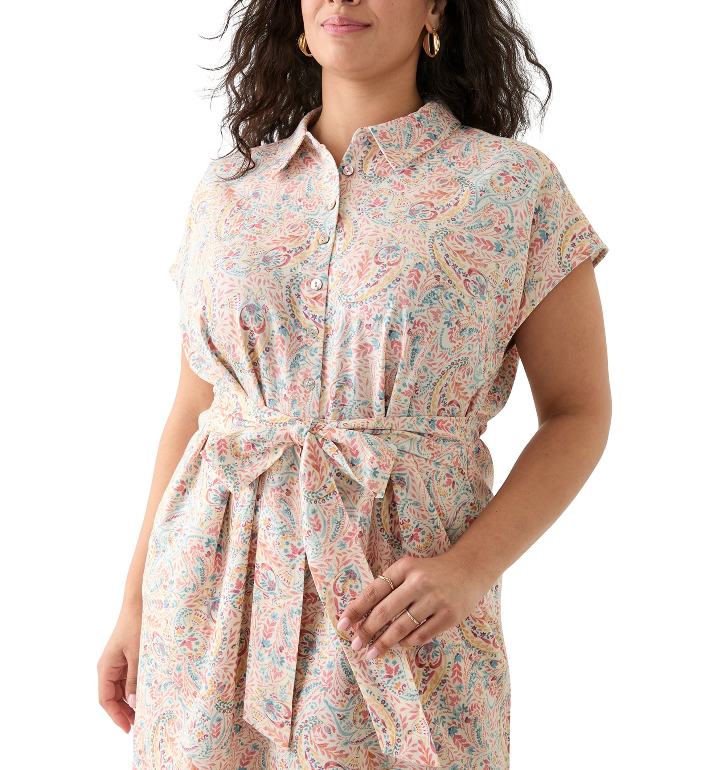 Plus Size Printed Button Front Tie Waist Midi Dress
