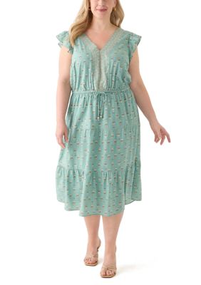 Lucky Brand Women's Plus Size Flutter Sleeve Twin Print Tiered Midi Dress, 3X