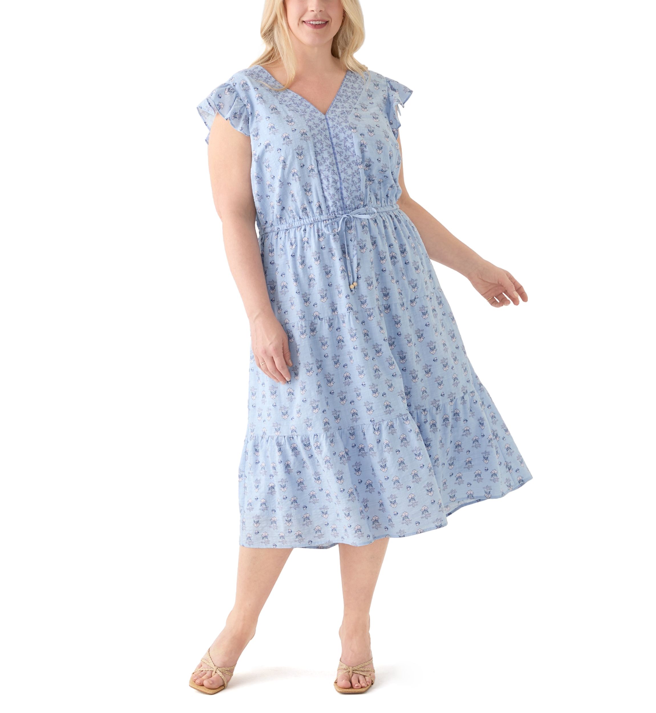 Plus Size Flutter Sleeve Twin Print Tiered Midi Dress