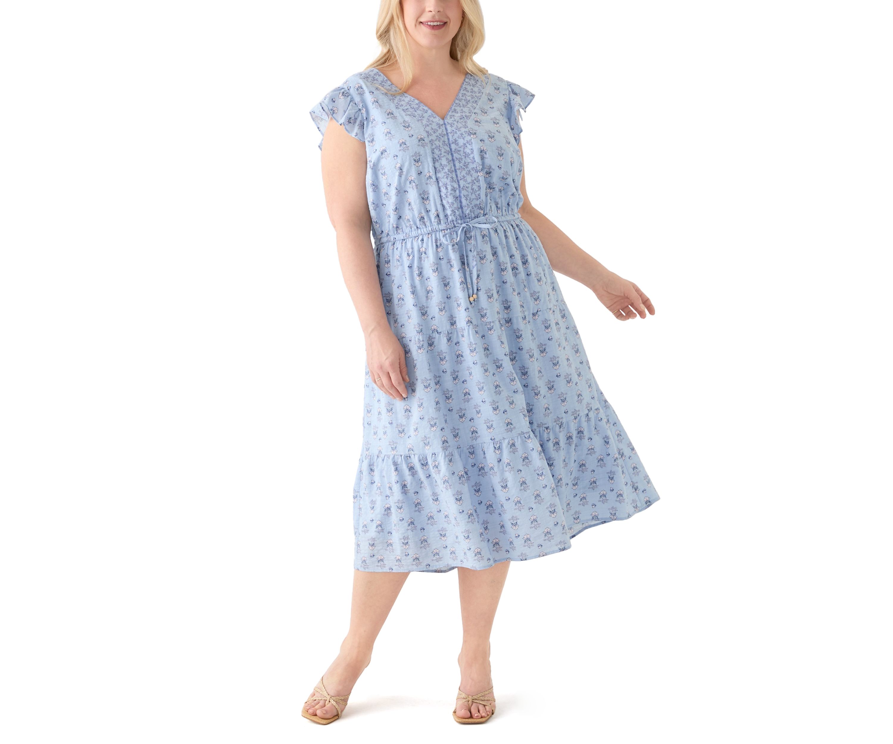 Plus Size Flutter Sleeve Twin Print Tiered Midi Dress