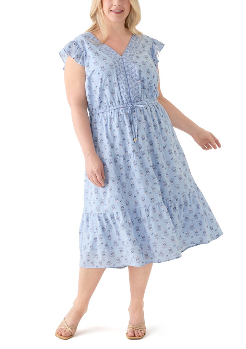 Plus Size Flutter Sleeve Twin Print Tiered Midi Dress