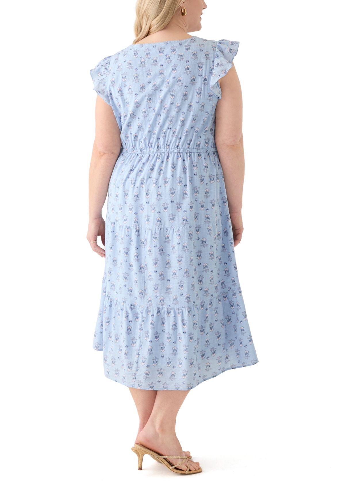 Plus Size Flutter Sleeve Twin Print Tiered Midi Dress