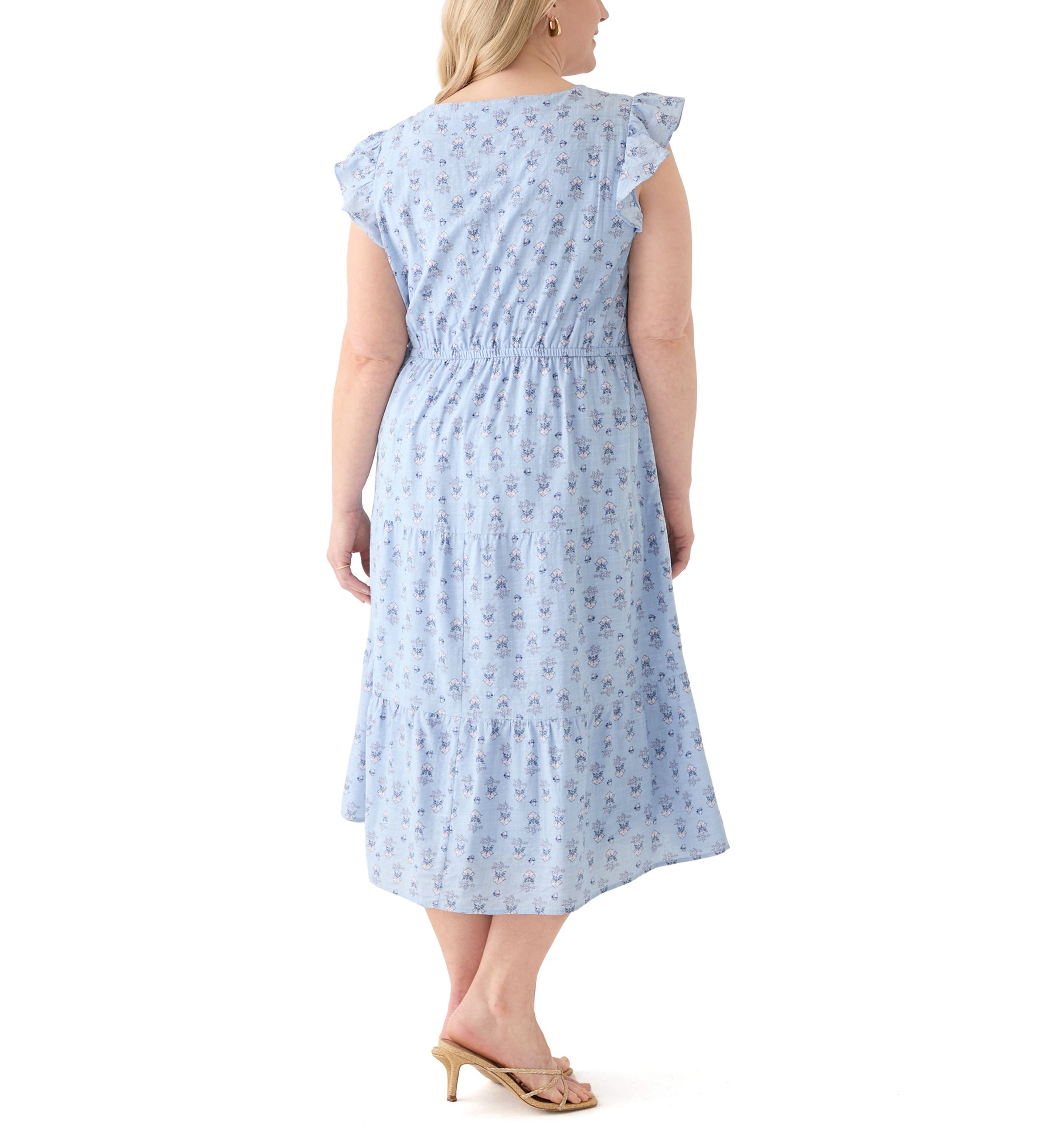 Plus Size Flutter Sleeve Twin Print Tiered Midi Dress