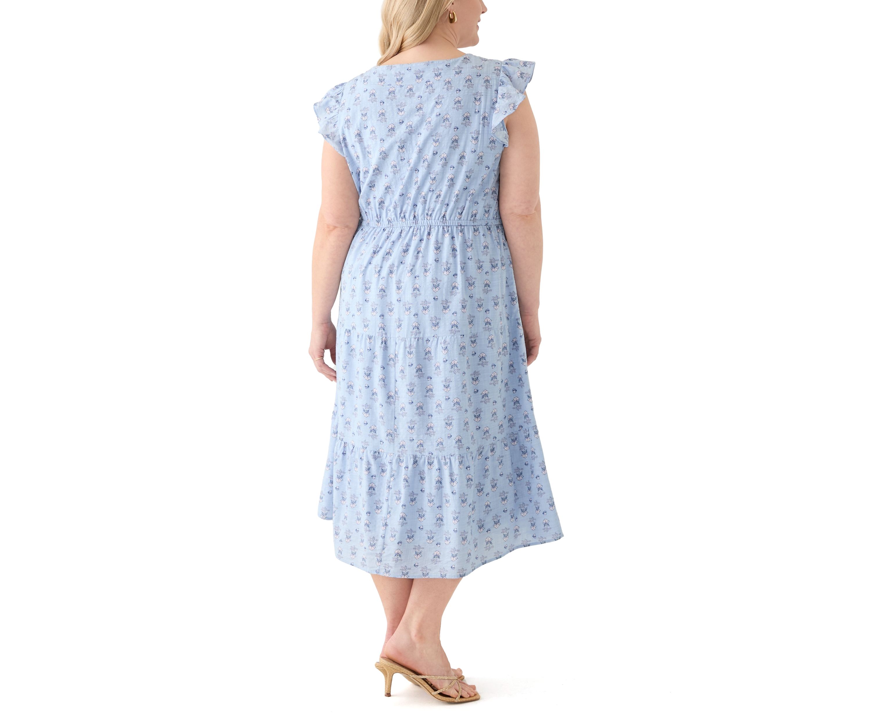 Plus Size Flutter Sleeve Twin Print Tiered Midi Dress