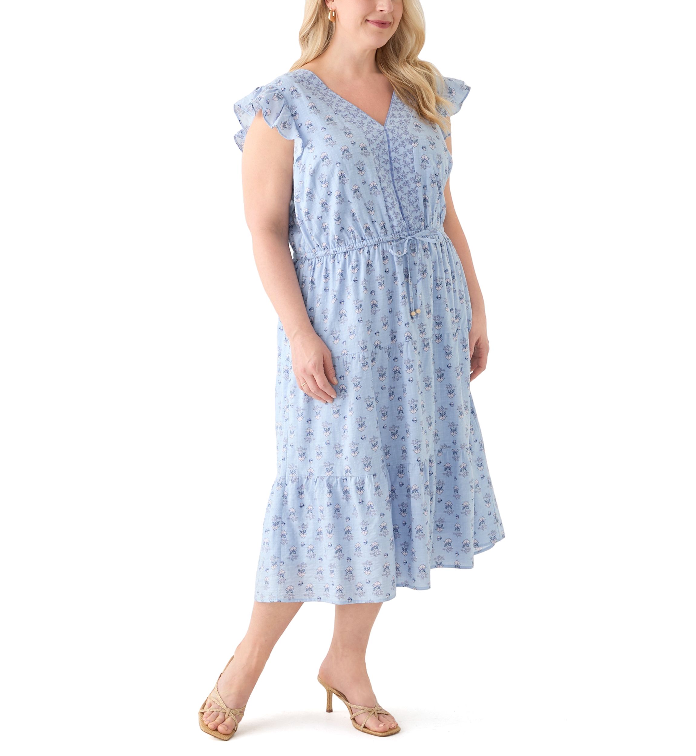 Plus Size Flutter Sleeve Twin Print Tiered Midi Dress