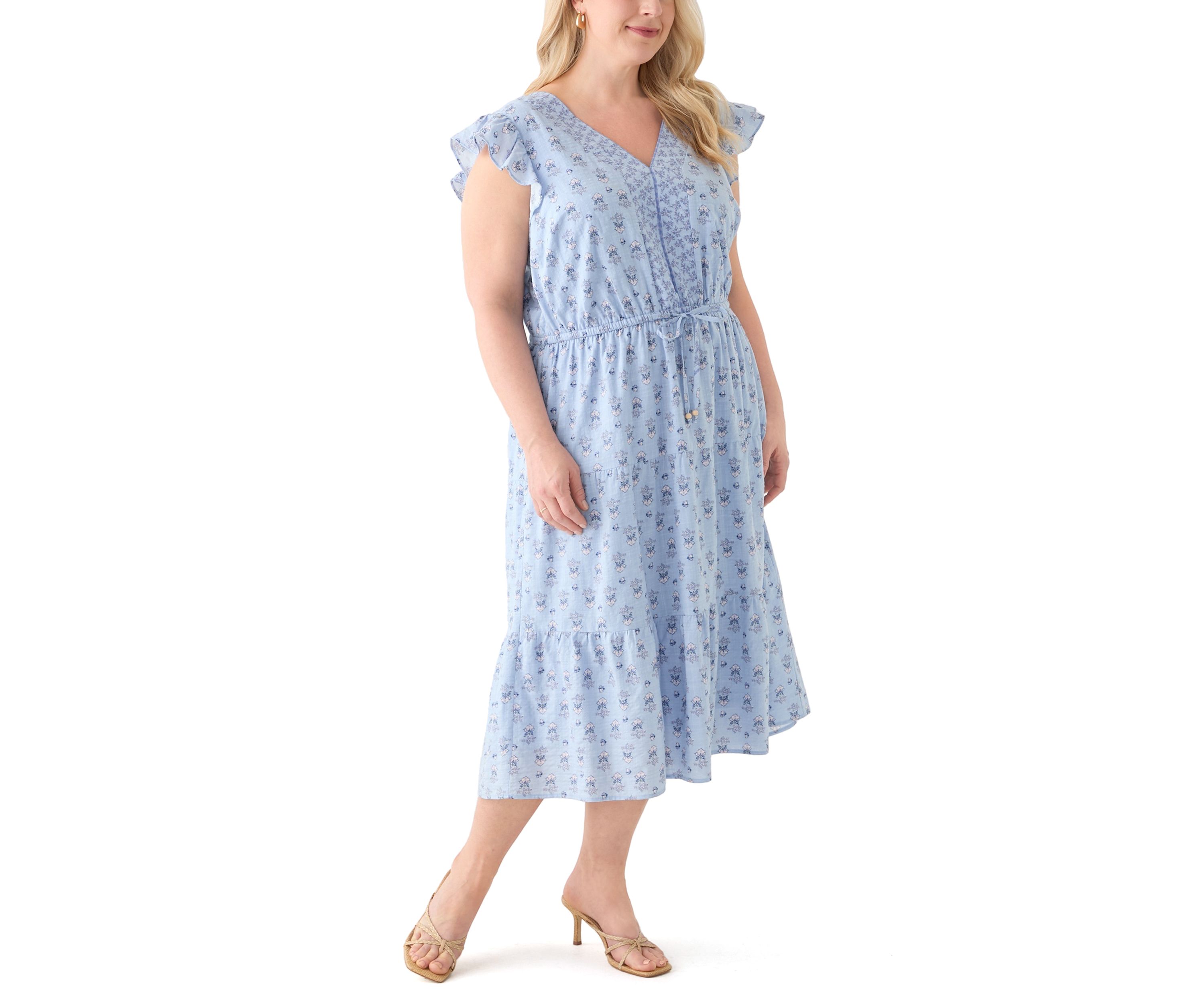 Plus Size Flutter Sleeve Twin Print Tiered Midi Dress