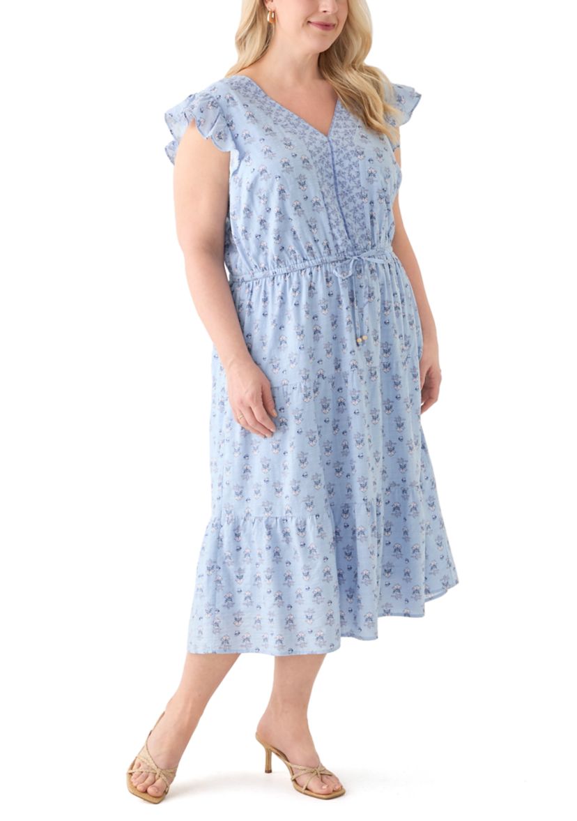 Plus Size Flutter Sleeve Twin Print Tiered Midi Dress