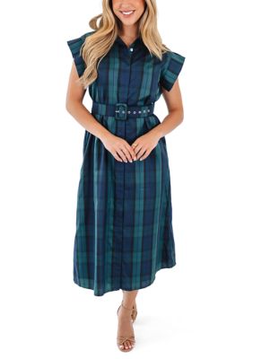 J.Marie Women's Harlan Belted Button Up Midi Dress, Navy Blue, Large