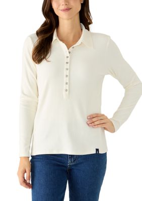 LANDS' END Women's Long Sleeve Collared Rib Henley Shirt, XL