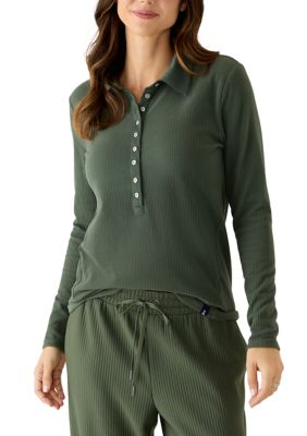 LANDS' END Women's Long Sleeve Collared Rib Henley Shirt, XL