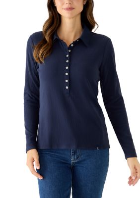 LANDS' END Women's Long Sleeve Collared Rib Henley Shirt, Blue, XL