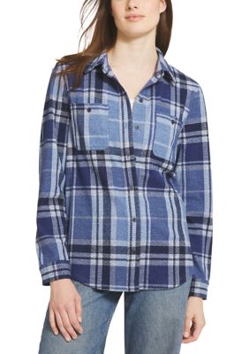 LANDS' END Women's Petite Brushed Knit Flannel Shirt, Blue, PXL
