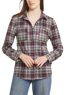 LANDS' END Women's Brushed Knit Flannel Shirt, Black, XL