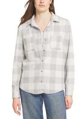 LANDS' END Women's Brushed Knit Flannel Shirt, White, XL