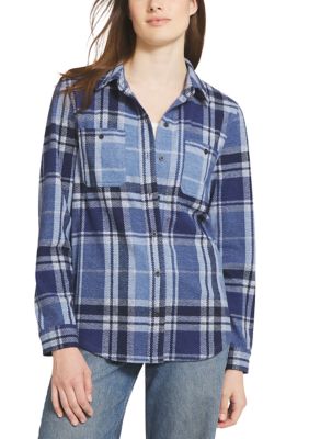 LANDS' END Women's Brushed Knit Flannel Shirt, Blue, XL