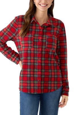 LANDS' END Women's Petite Brushed Knit Flannel Shirt, Red, PXL
