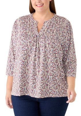 LANDS' END Women's Plus Size 3/4 Sleeve Pintuck Yoke Knit Top, 1X