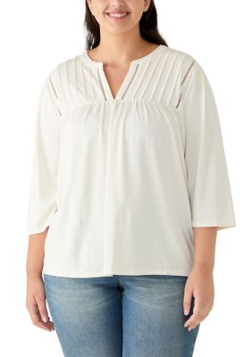 LANDS' END Women's Plus Size 3/4 Sleeve Pintuck Yoke Knit Top, 1X