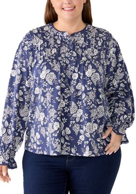 LANDS' END Women's Plus Size Long Sleeve Ruffle Pintuck Woven Shirt, Blue, 3X