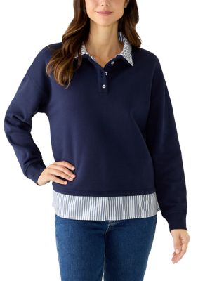LANDS' END Women's Sweatshirt Twofer Shirt, Blue, XL