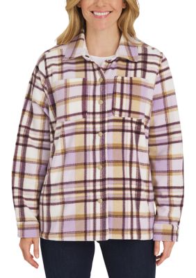 LANDS' END Women's Plaid Fleece Shirt Jacket, Purple, XL