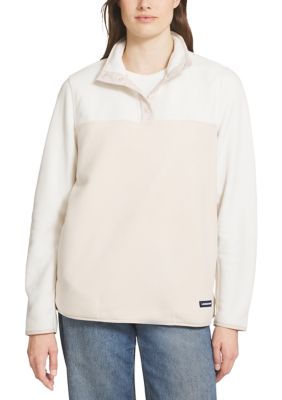 LANDS' END Women's Colorblock 1/4 Snap Fleece Pullover, Beige, Large