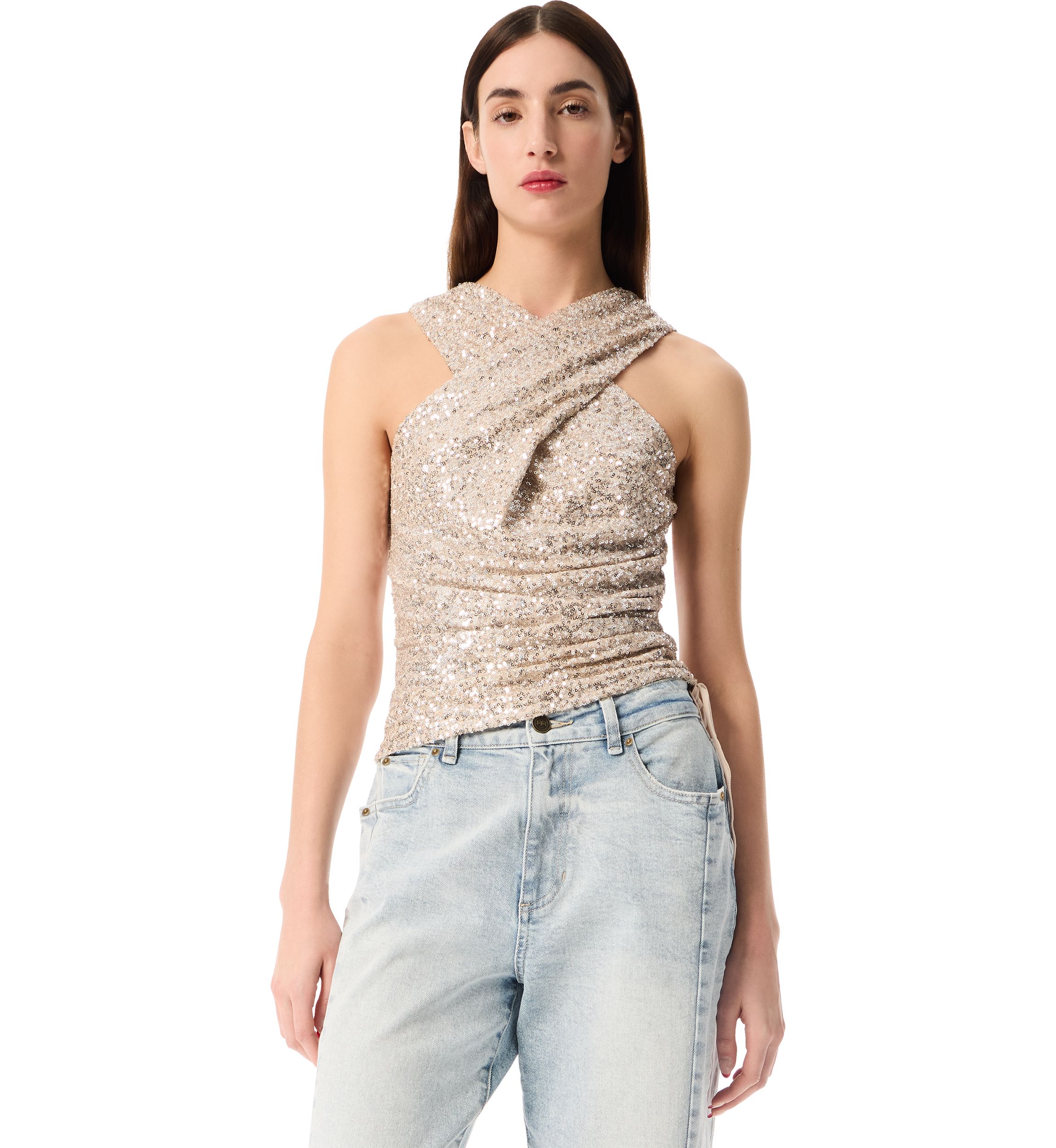 Womens Gabriela Ruched Tank with Shirred Cross Sequin 