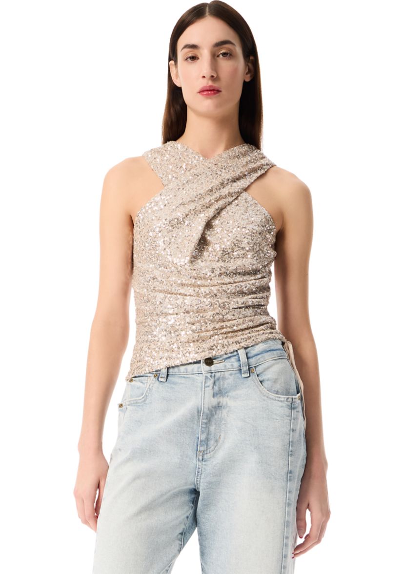 Womens Gabriela Ruched Tank with Shirred Cross Sequin 