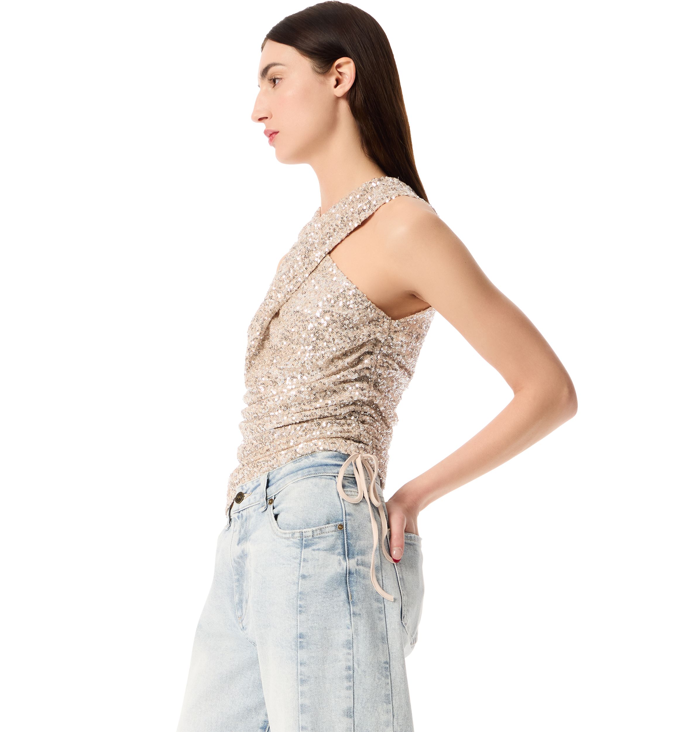 Womens Gabriela Ruched Tank with Shirred Cross Sequin 