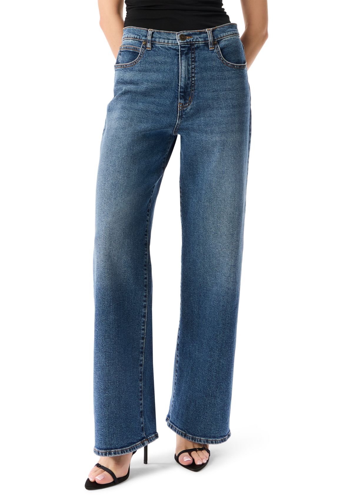 Womens High Rise Wide Leg Patch Pocket Jeans