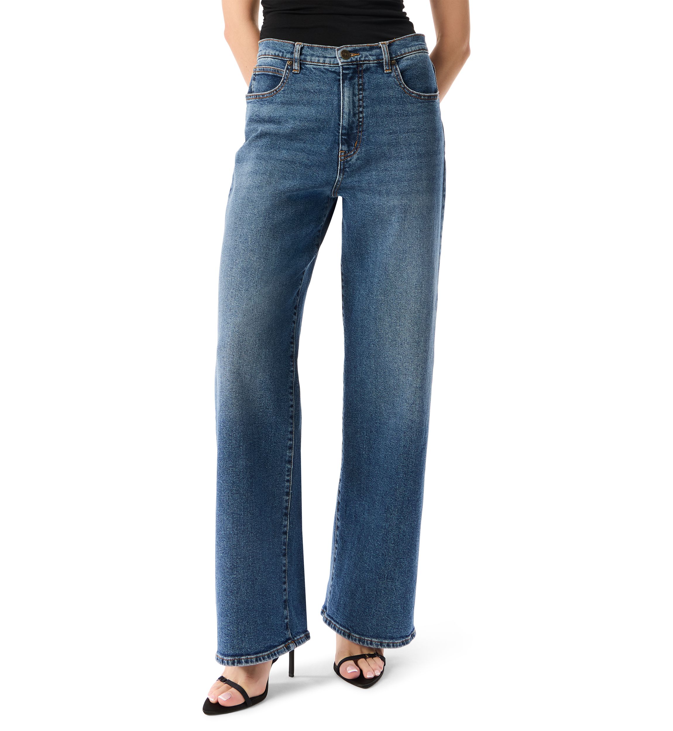 Womens High Rise Wide Leg Patch Pocket Jeans