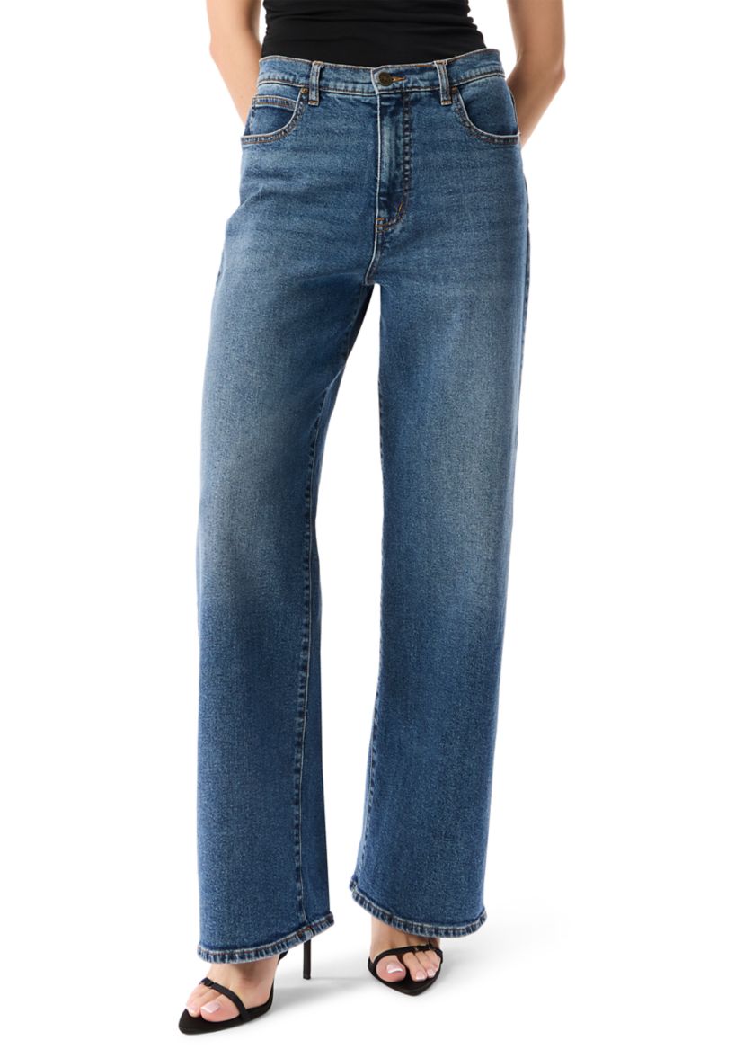 Womens High Rise Wide Leg Patch Pocket Jeans