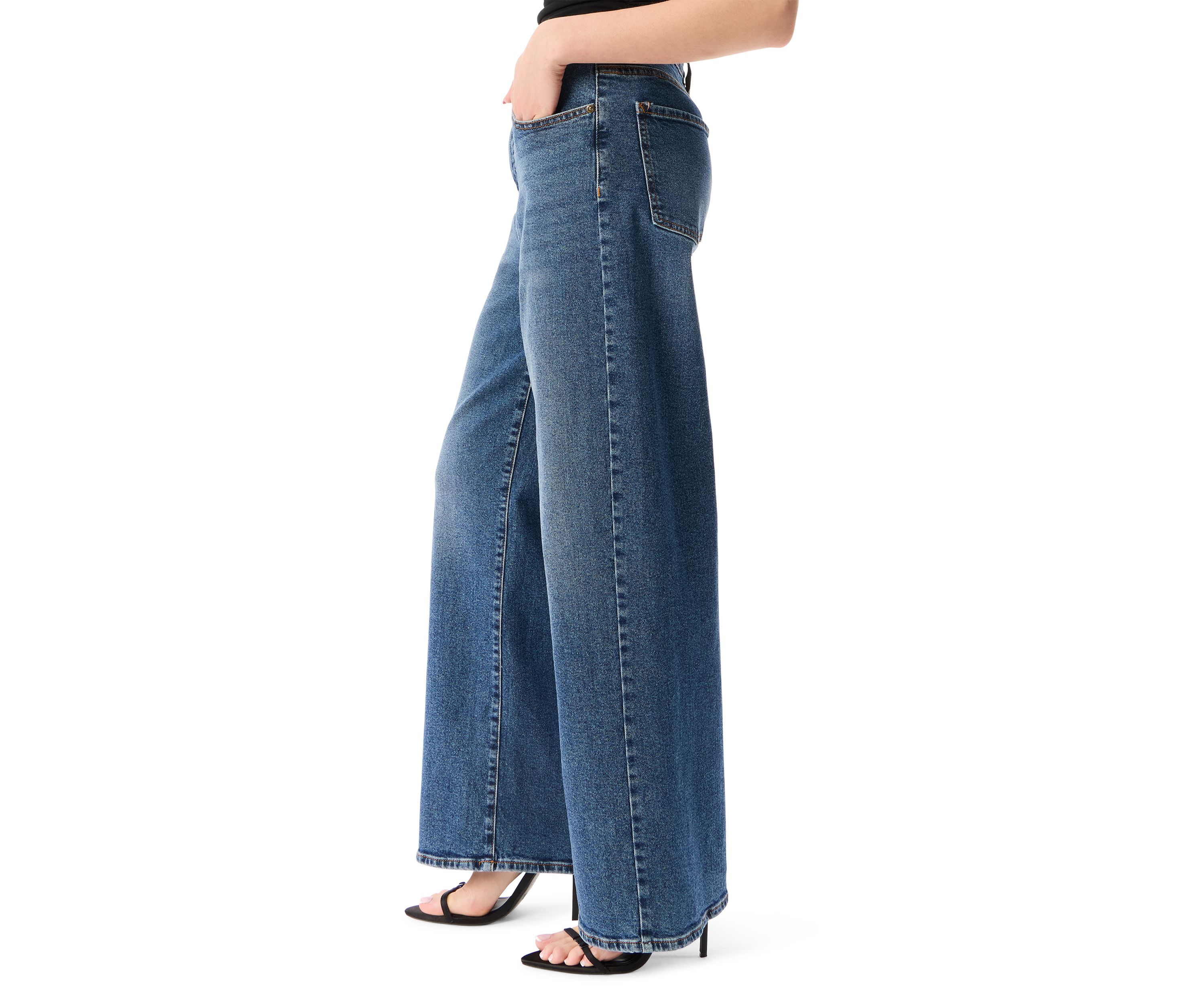 Womens High Rise Wide Leg Patch Pocket Jeans
