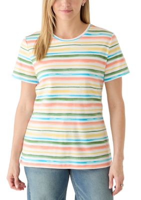 Kim Rogers Women's Short Sleeve Crew Neck Printed Striped Shirt, Medium