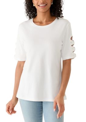 Kim Rogers Women's Wide Crew Neck Elbow Braided Sleeve Top, White, Small