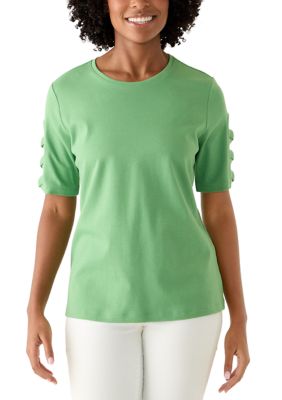 Kim Rogers Women's Wide Crew Neck Elbow Braided Sleeve Top, Small