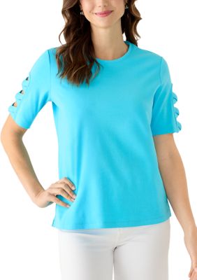 Kim Rogers Women's Wide Crew Neck Elbow Braided Sleeve Top, Small