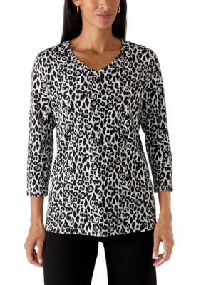 Kim Rogers Women's 3/4 Sleeve V-Neck Print Top, White, XXL