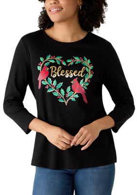 Kim Rogers Women's 3/4 Sleeve Holiday Graphic Shirt, Black, XXL