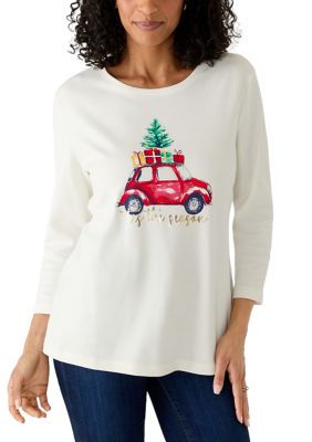 Kim Rogers Women's 3/4 Sleeve Holiday Graphic Shirt, Ivory, XXL