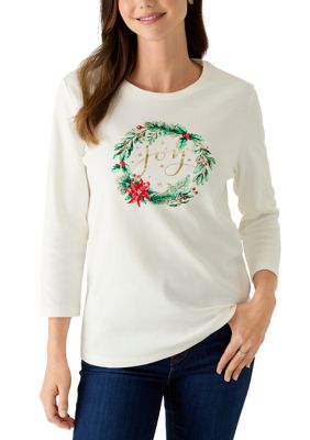 Kim Rogers Women's 3/4 Sleeve Holiday Graphic Shirt, Ivory, XXL