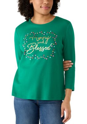 Kim Rogers Women's 3/4 Sleeve Holiday Graphic Shirt, Green, XXL