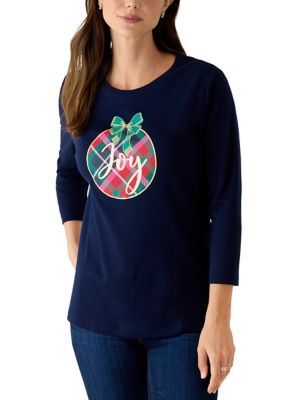 Kim Rogers Women's 3/4 Sleeve Holiday Graphic Shirt, Navy Blue, XXL