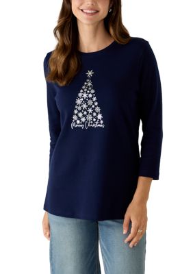 Kim Rogers Women's 3/4 Sleeve Holiday Graphic Shirt, Silver, XXL