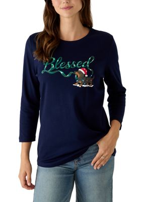 Kim Rogers Women's 3/4 Sleeve Holiday Graphic Shirt, Navy Blue, XXL