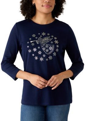Kim Rogers Women's 3/4 Sleeve Holiday Graphic Shirt, Silver, XXL
