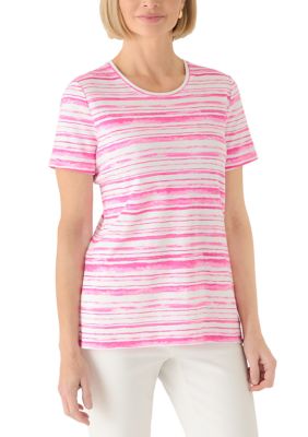 Kim Rogers Women's Short Sleeve Crew Neck Striped Printed Top, Pink, XXL