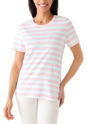 Kim Rogers Women's Short Sleeve Crew Neck Striped Printed Top, Pink, XXL